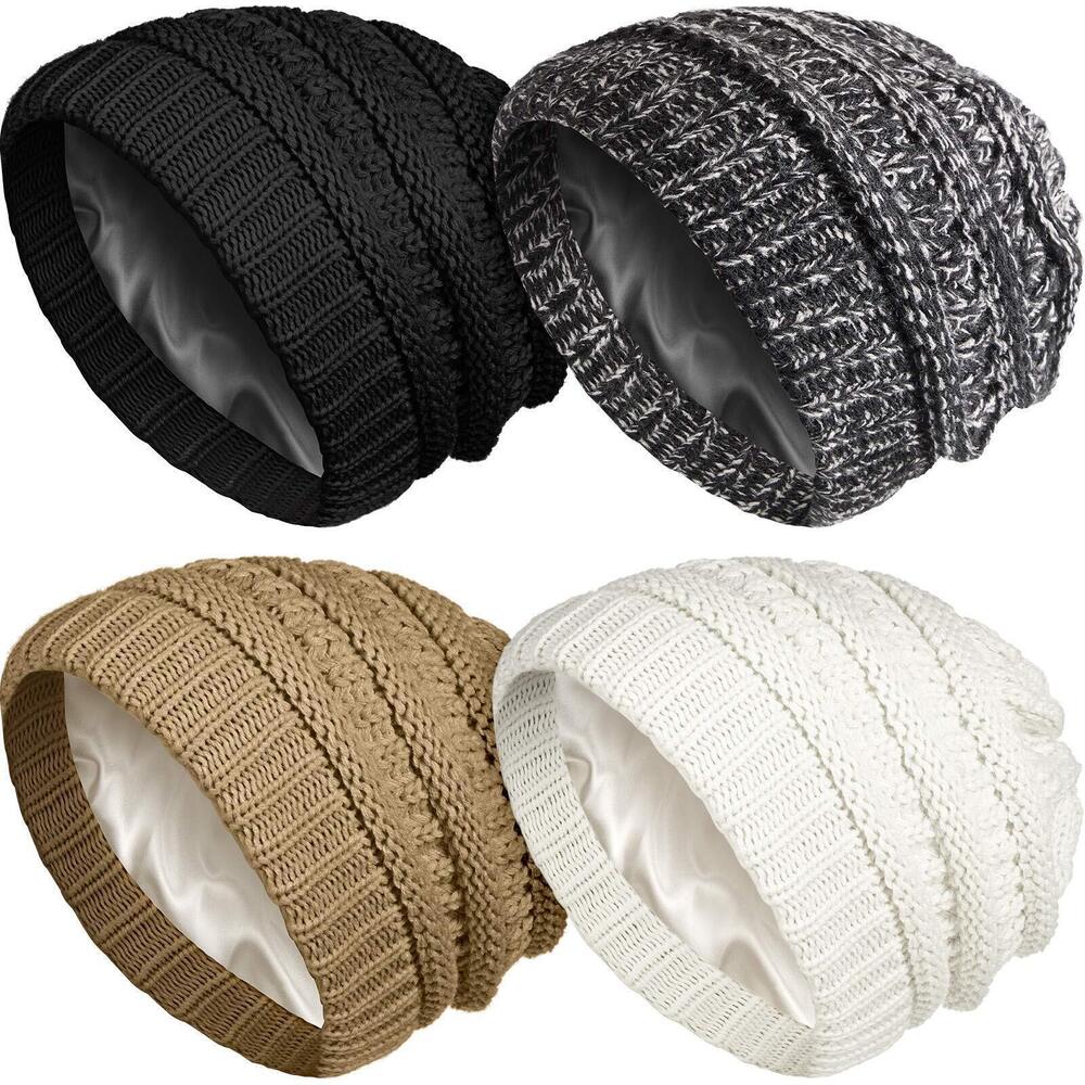 6880 4 Pieces 2/4/6 Pack Satin Lined Beanie Warm Winter Hats Cable Knit